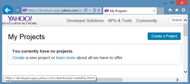 Creating New Project on Yahoo